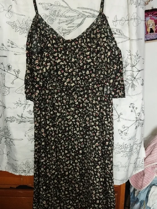 Black Floral Ruffle Mini Dress with Spaghetti Straps - Picture 2 of 5